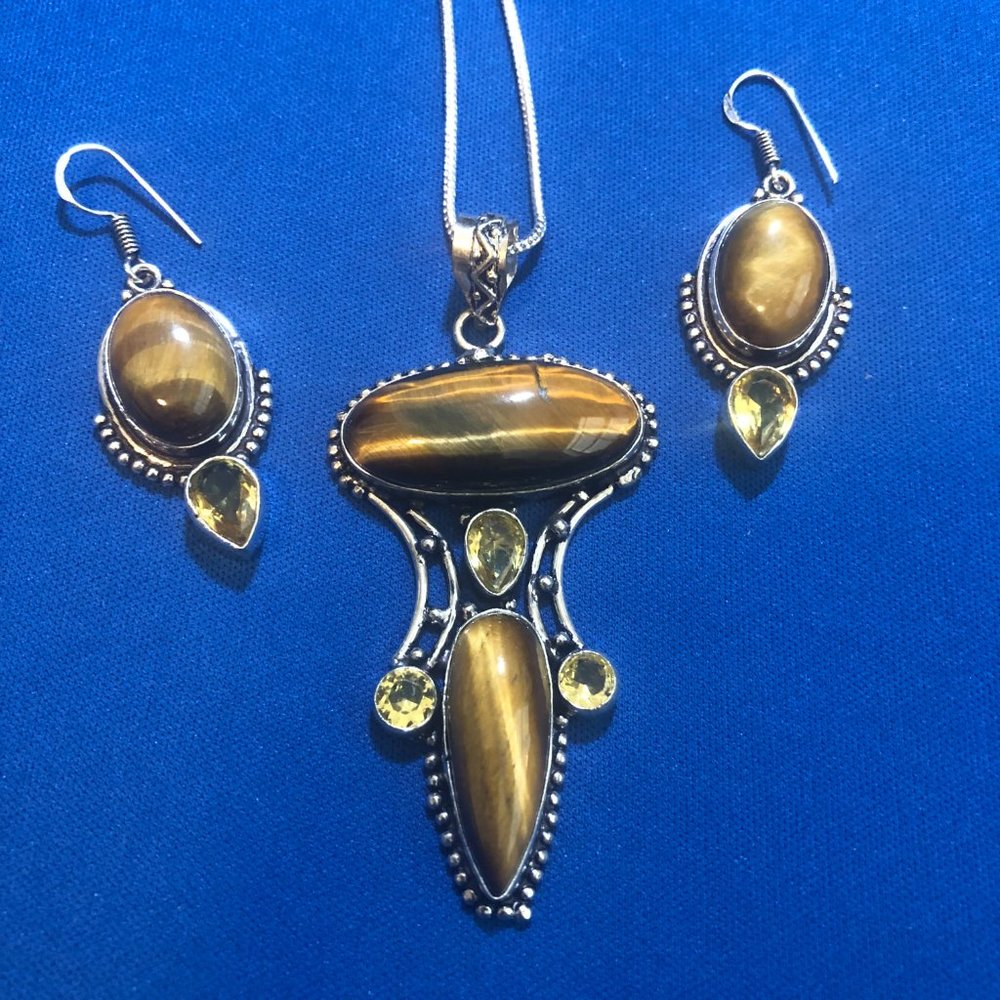 Tiger Eye-Citrine Gemstone 925 Stamped- Necklace + Earring Set. - Picture 2 of 6